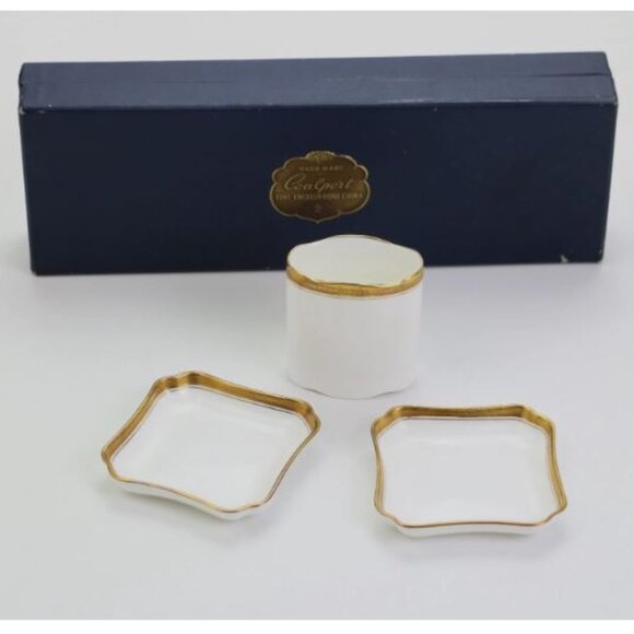 Coalport Elite Gold Bone China Set Made in England Cigarette Holder Two Ashtrays - Picture 1 of 14